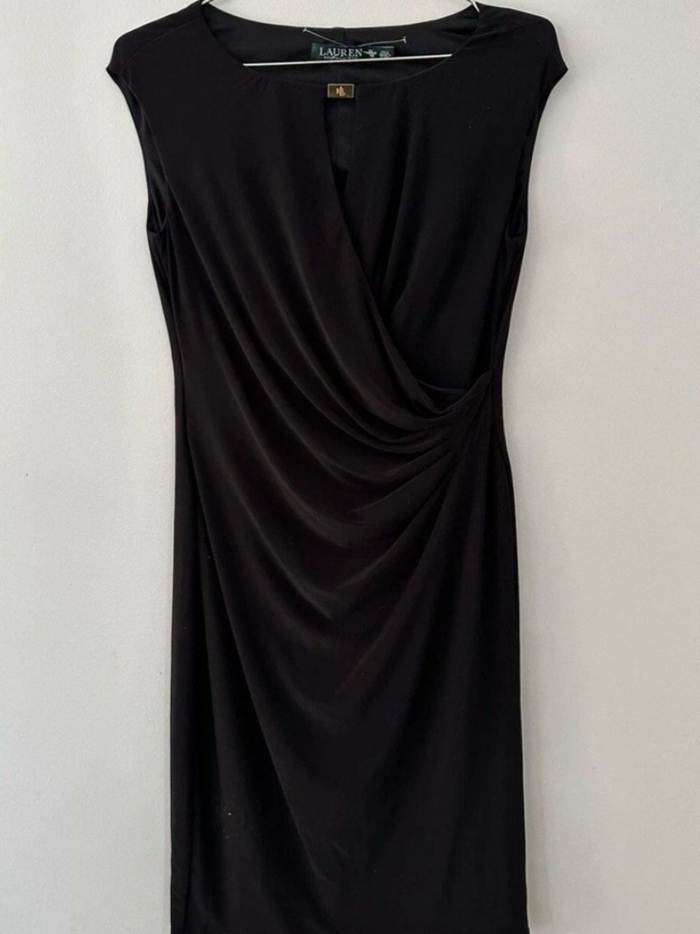 Lauren Ralph Lauren Black Sleeveless V-Neck Faux-Wrap Dress Green Label Sz 6 Vtg